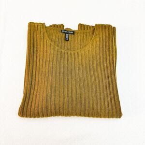 Eileen Fisher Green Olive Merino Wool 3/4 Sleeve Ribbed Crew Neck Sweater Size L